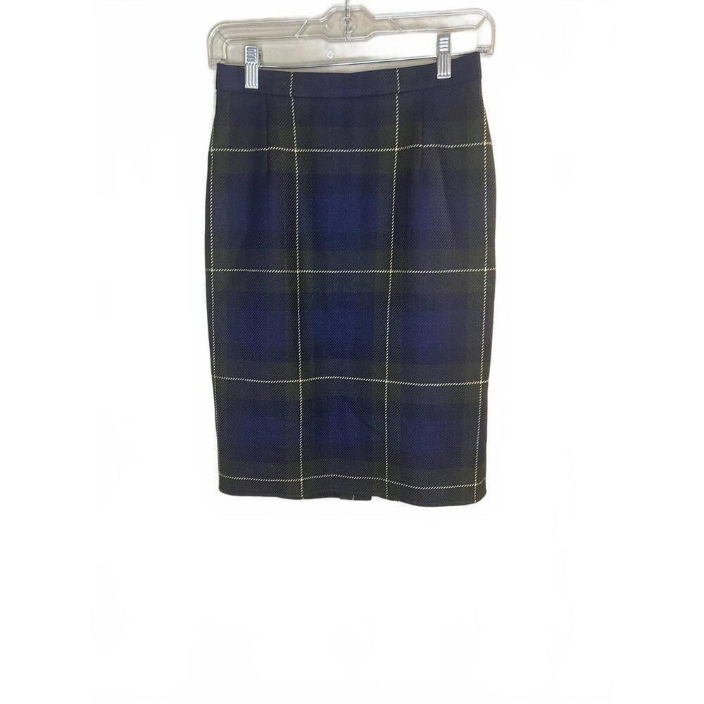 Escada Margaretha Ley Blue Yellow Plaid Tartan Wool Pencil Skirt Size 34 US 4